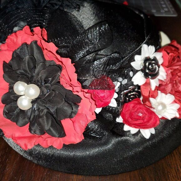 Handmade Kentucky Derby Custom Floral Black & Red Straw Big Brim Hat - Picture 4 of 7
